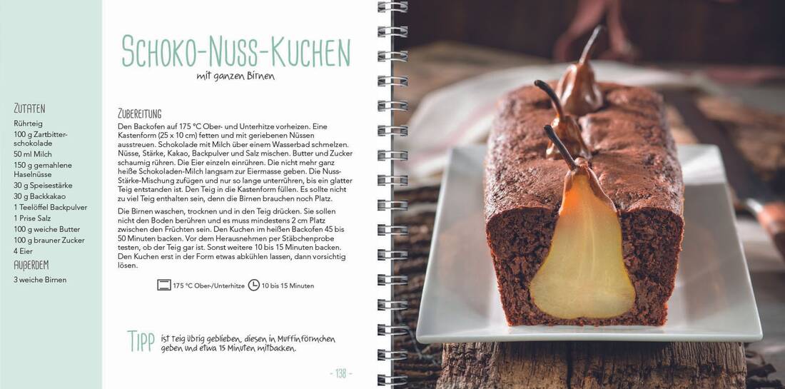 Kuchen, Torten und Teilchen von Landwirtschaftsverlag GmbH, Rezeptbuch mit Schoko-Nuss-Kuchen und Birnen