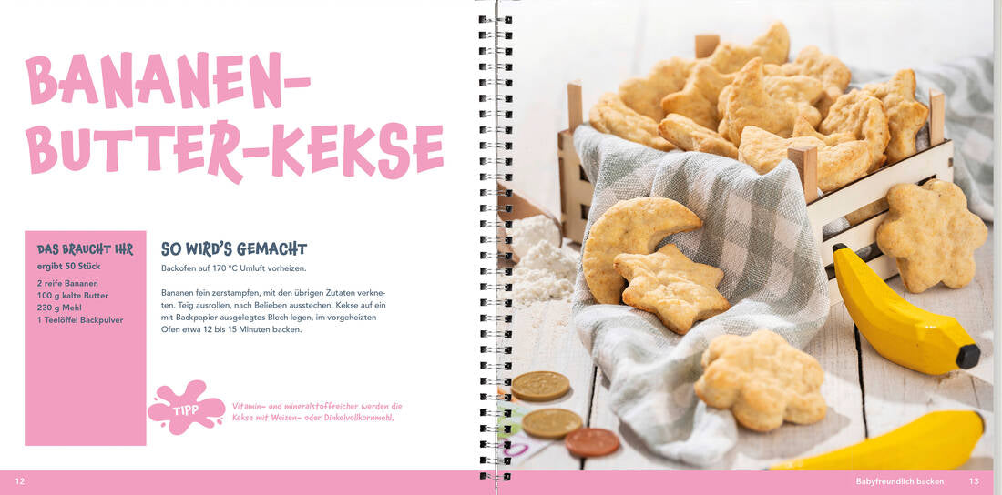 Kinder lieben Kuchen von Landwirtschaftsverlag GmbH, Backbuch mit Bananenbutter-Keksen in warmem Gelb auf Seiten