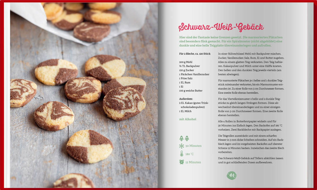 1,2,3 fertig ist die Weihnachtsbäckerei von Landwirtschaftsverlag GmbH, Schwarz-Weiß-Gebäck auf blau-grauem Holz