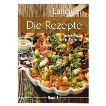 Titelbild des Kochbuchs „Landlust – Die Rezepte, Band 1“ mit dem Untertitel „Unsere Küche der Jahreszeiten“, zeigt eine Gemüse-Quiche, kleine Speisen und Suppe auf einem Holztischhintergrund.
ChatGPT fragen