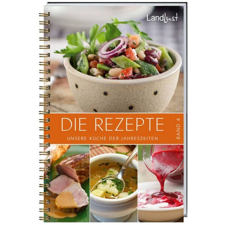 Spiralgebundenes Kochbuch "Die Rezepte Band 4 - Unsere Küche der Jahreszeiten" von Landlust. Titelbild zeigt Schüssel mit Bohnensalat, darunter Fotos von Fleischgericht, Suppe und roter Sauce in Schale gegossen.