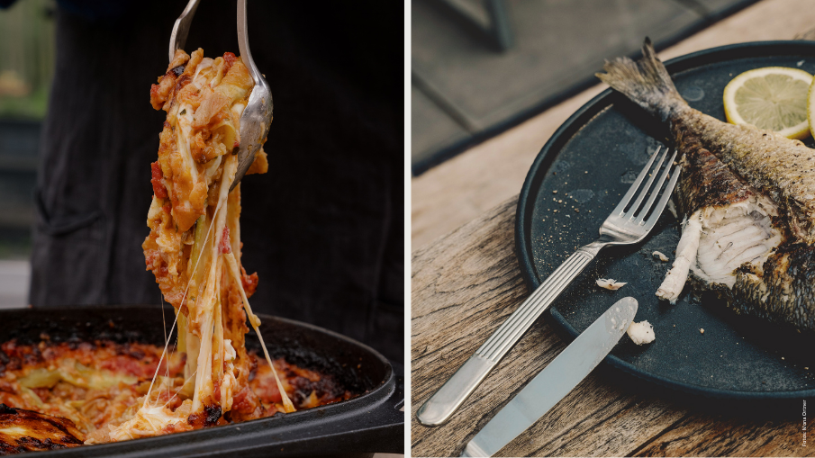 Ein Pasta-Gericht und eine gegrillte Dorade aus dem Buch "Hofgut"